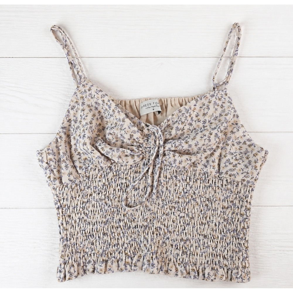 Dress Forum Women Medium Cream Floral Smocked Camisole Top Tie Front Ruffle